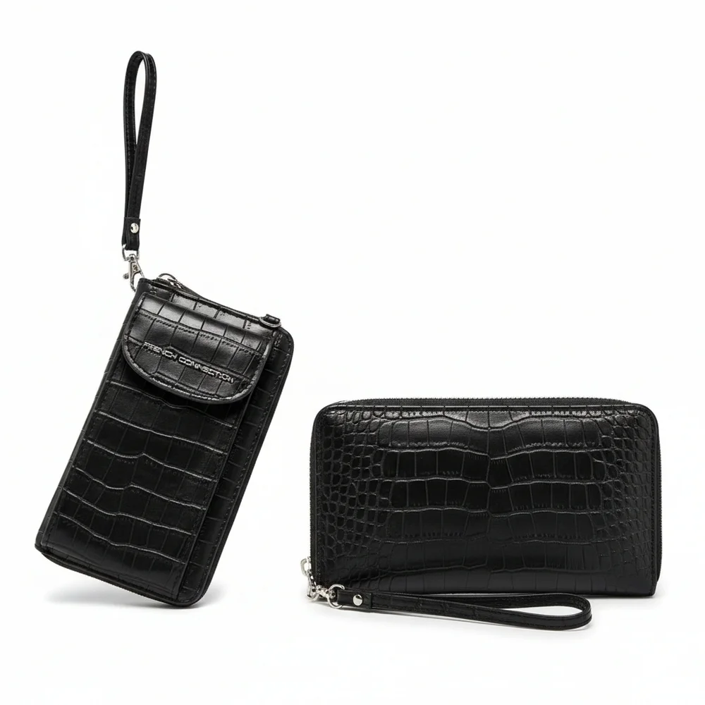 French Connection Black Croc-Embossed Wristlet Wallet & Phone Case - Like New!